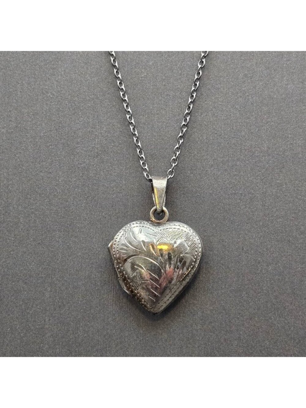 Sterling Silver Heart Locket Etched Floral Pendant Necklace 18"-20"